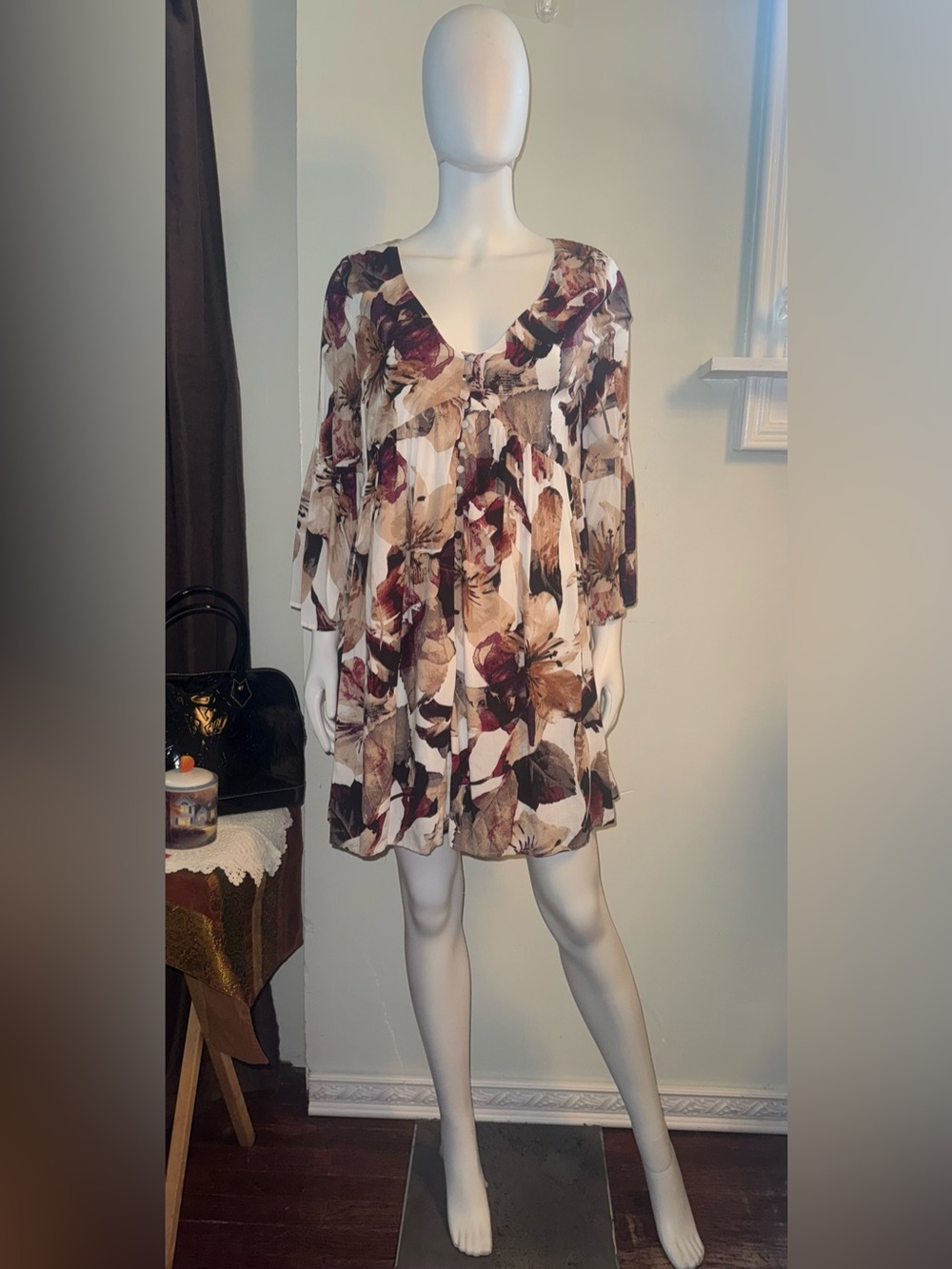 Modern Vintage Fall Leaf V-Neck Mini Dress in Cream, Brown and Burgundy